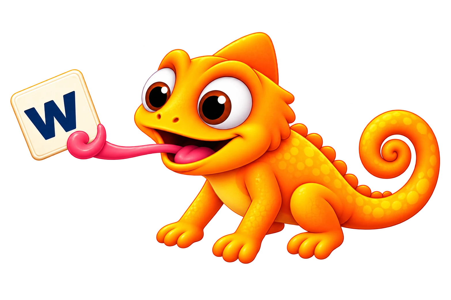 Abi the orange WORDABI chameleon catching a W word tile
