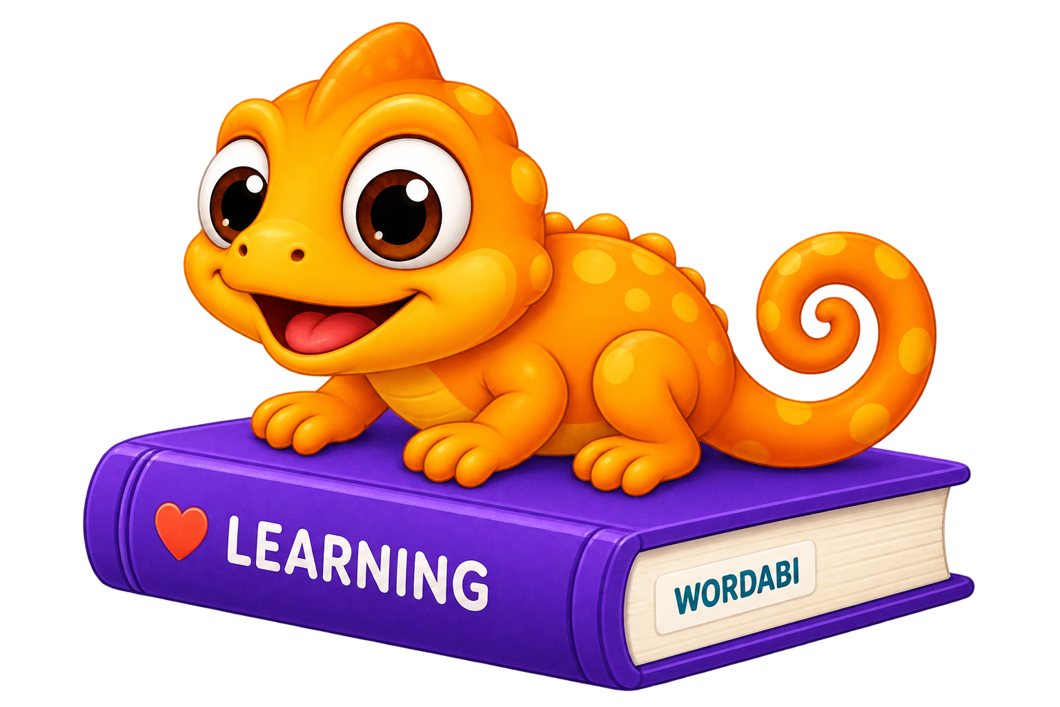 Abi the approved WORDABI chameleon on the purple LEARNING book