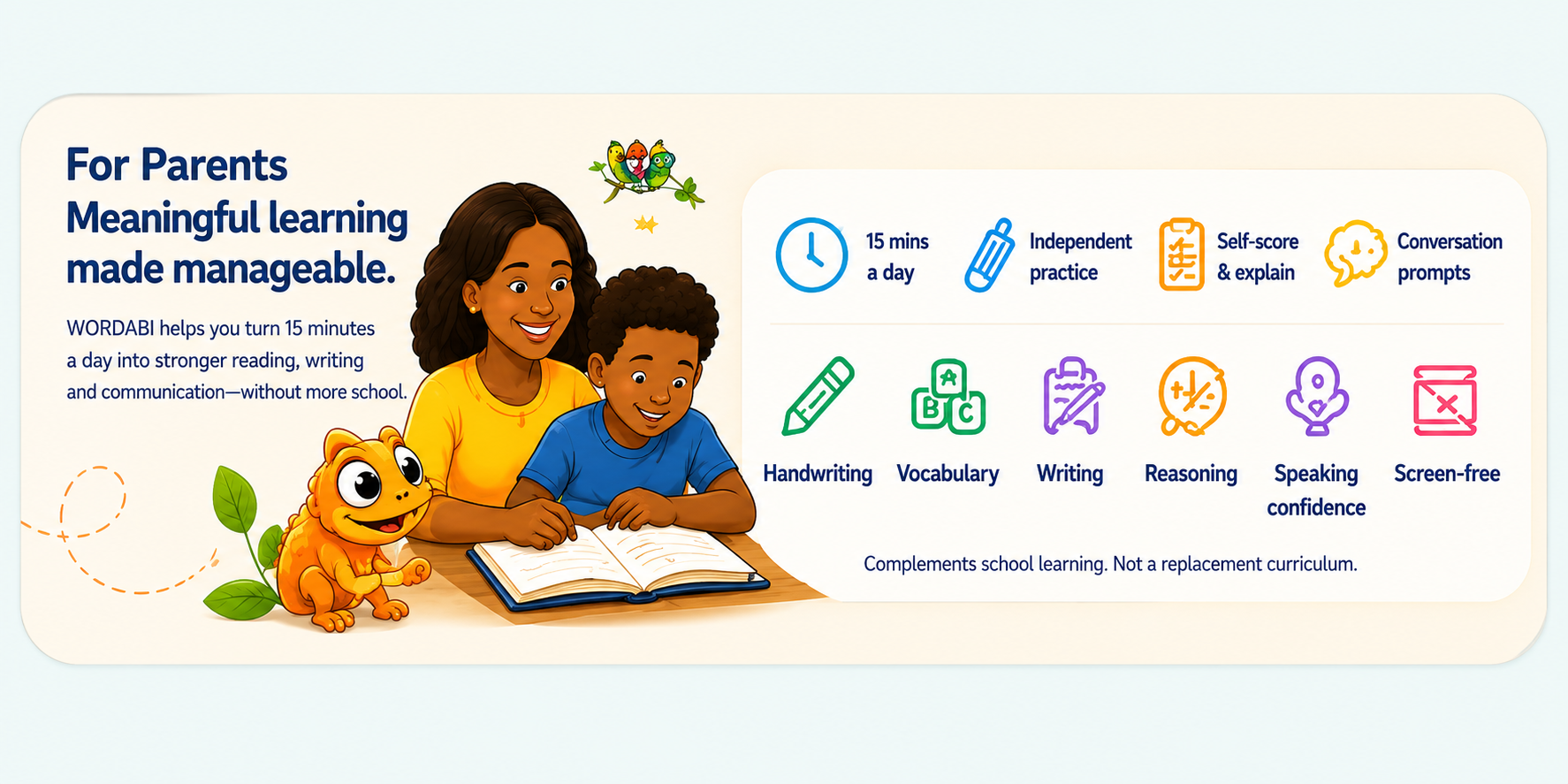 For Parents: meaningful learning made manageable, with 15 minutes a day, independent practice, self-score and explain, conversation prompts, handwriting, vocabulary, writing, reasoning, speaking confidence and screen-free learning.
