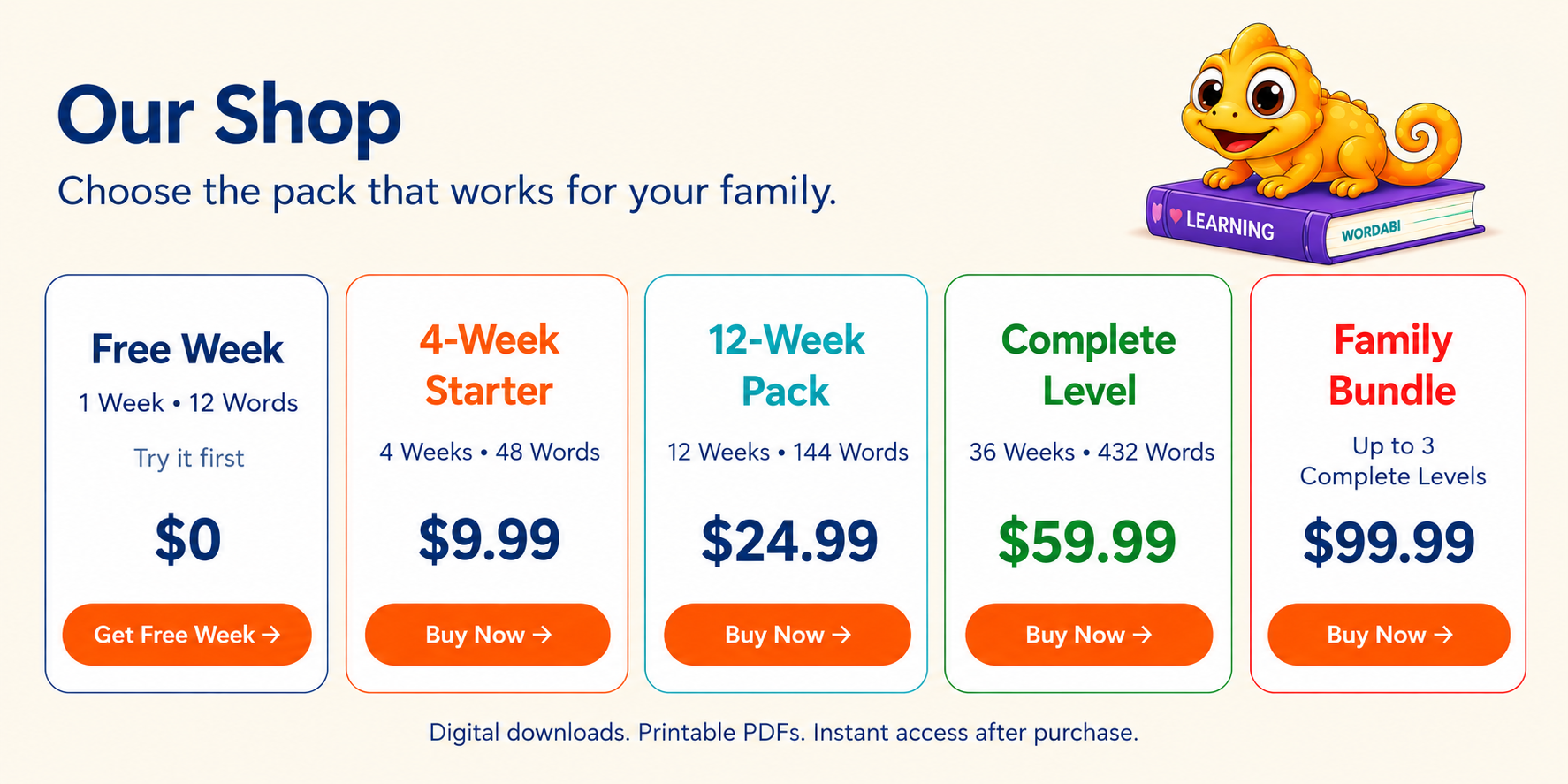 WORDABI shop preview showing Free Week $0, 4-Week Pack $9.99, 12-Week Pack $24.99, Complete Level $59.99 and Family Bundle $99.99.